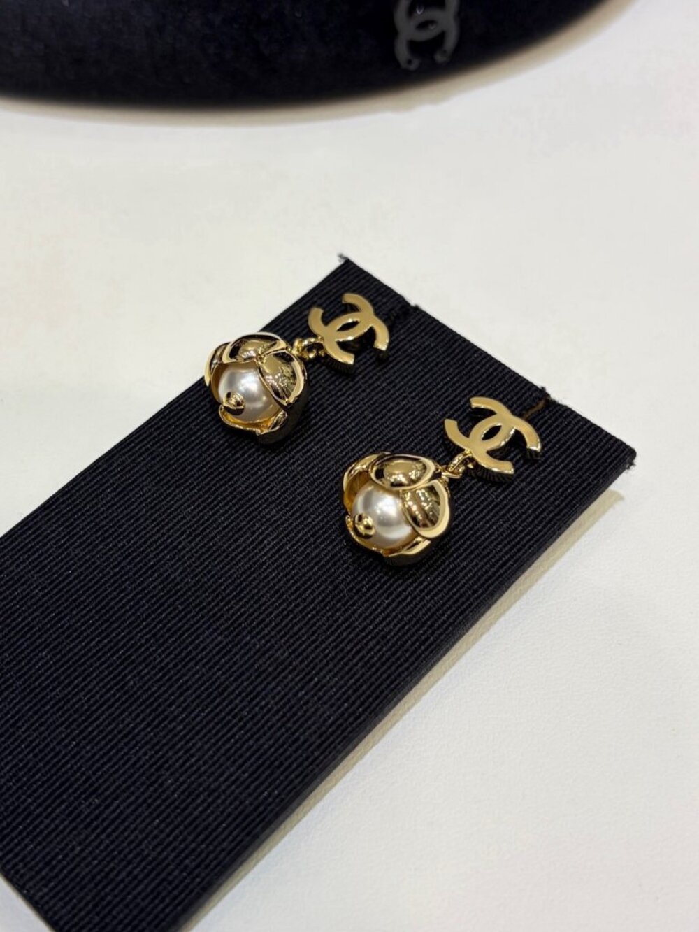 Chanel Gold-Tone Pearl Flower Bud CC Drop Earrings